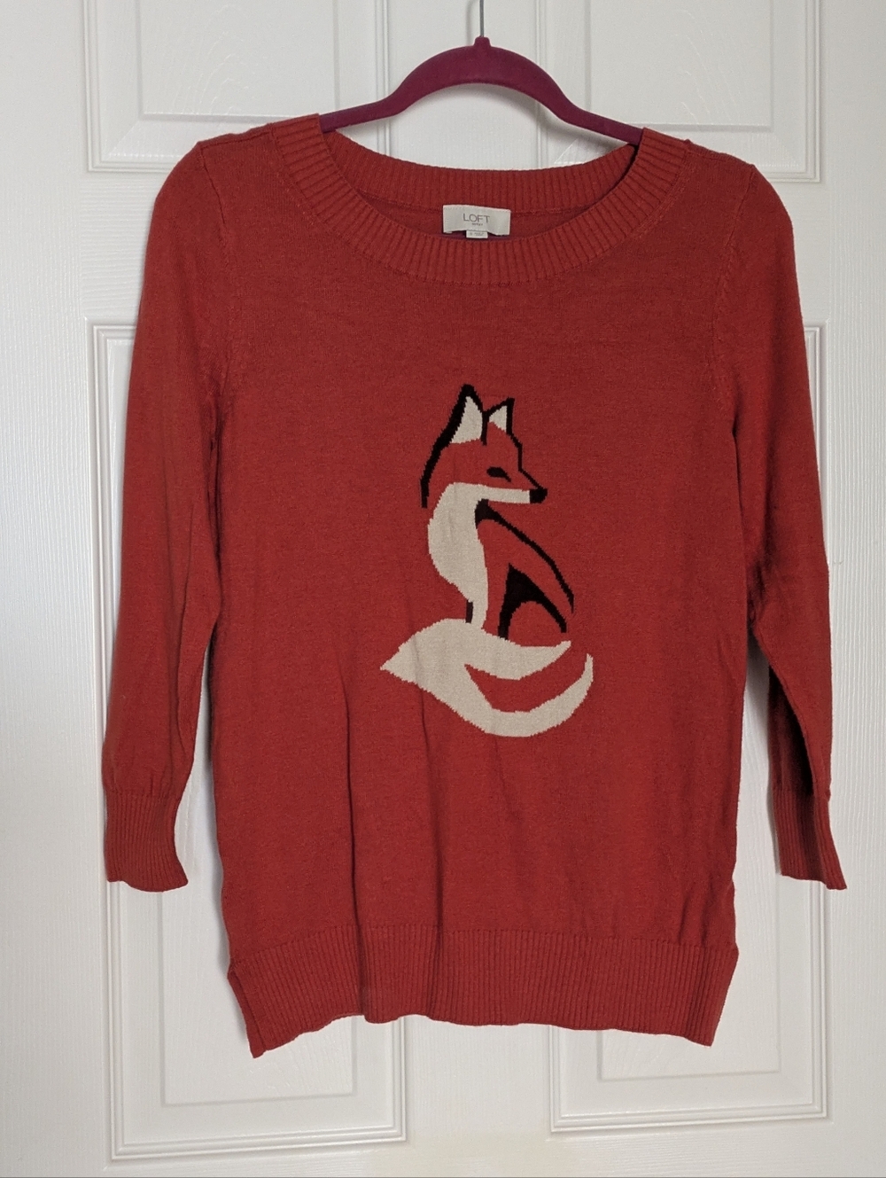 Loft Ann Taylor Fox Sweater Top 3/4 Length Sleeves Coral Red Small